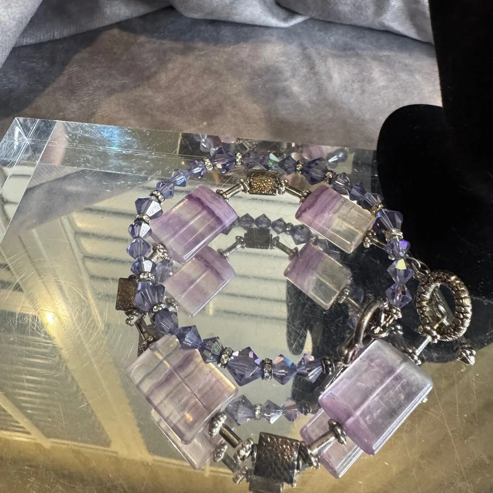 Sterling silver‎ 925 Purple and Silver Beaded Bracelet Set Gorgeous!!